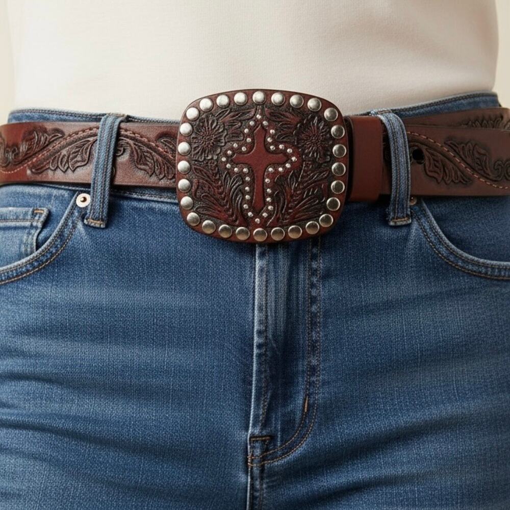 VTG Tooled Leather Belt Western Boho Cross Buckle Studded Sz 34